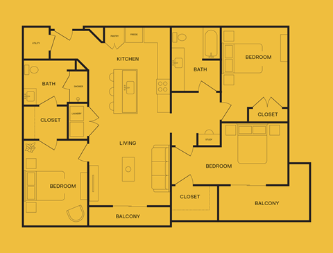 a floor plan of a unit with bedrooms and baths
